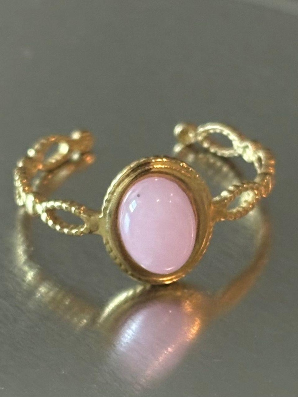 Gold Open Band Ring with Pink Cabochon Gem